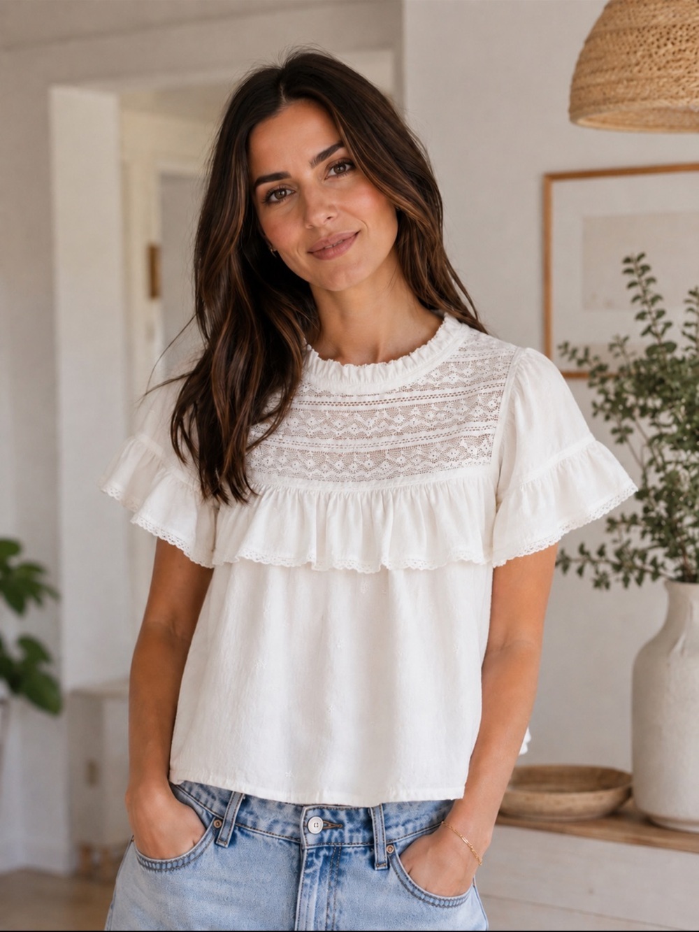 Unsubscribed White Elelet Yoke Flutter Sleeve Top Blouse